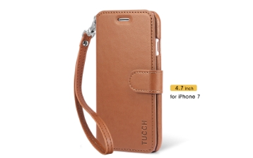 TUCCH iPhone 7 PU Leather Wallet Phone Case, Wrist Strap, Magnetic Closure, Brown