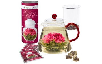 Amore Tea Gift Set - Teapot with Red Handle  Infuser and 12 Heart-Shaped Blooming Teas