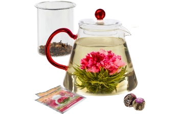 Amore 34 oz. Contemporary Glass Teapot with Red Handle  Glass Infuser and 2 Tea Flowers