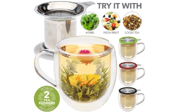 VENICE® Double Wall Tea Mug with Infuser & White Lid/Coaster - 15 oz / 430 ml