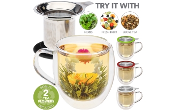 VENICE® Double Wall Tea Mug with Infuser & Black Lid/Coaster - 15 oz / 430 ml